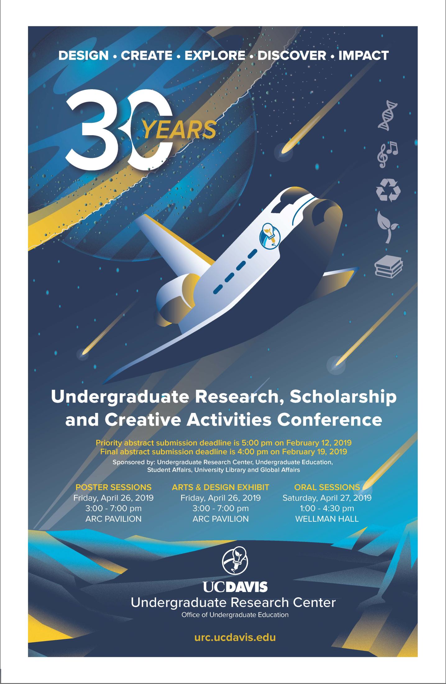 Poster for the 30th Undergraduate Research, Scholarship and Creative Activities Conference with a Space exploration theme including a space shuttle