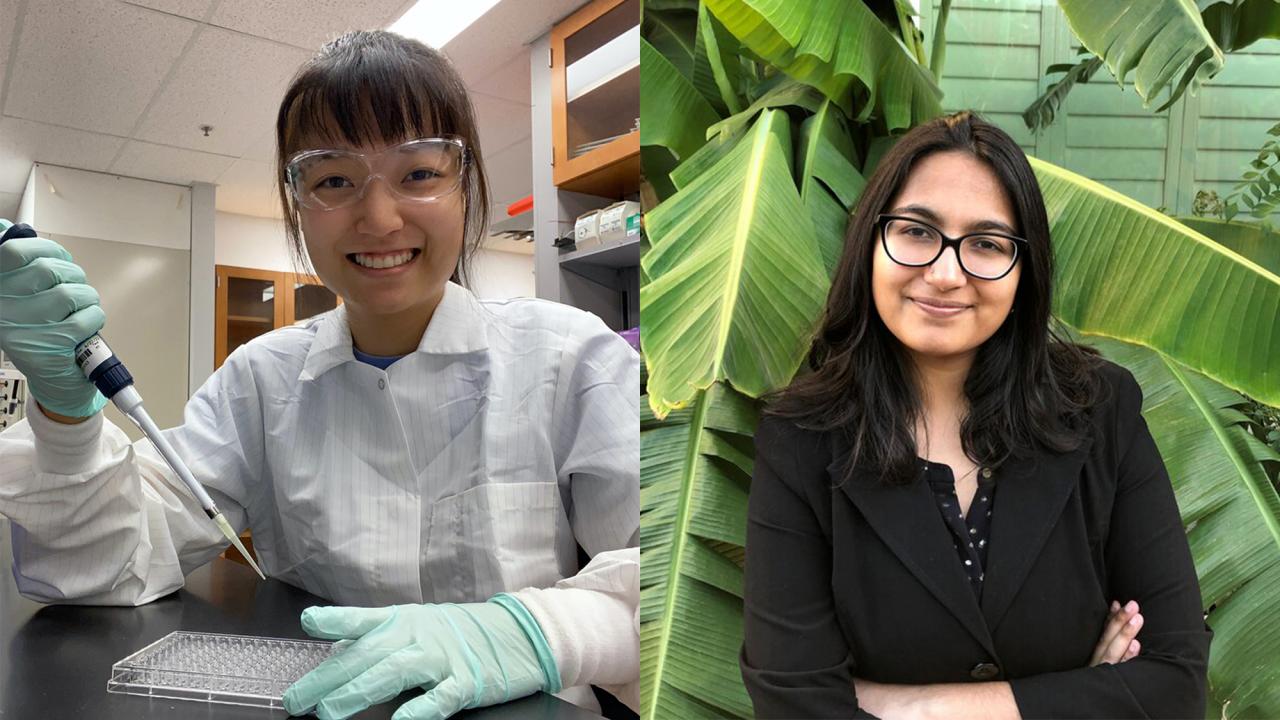 Photo of Maya Mysore in lab coat next to photo of Keely Ji in front of foliage