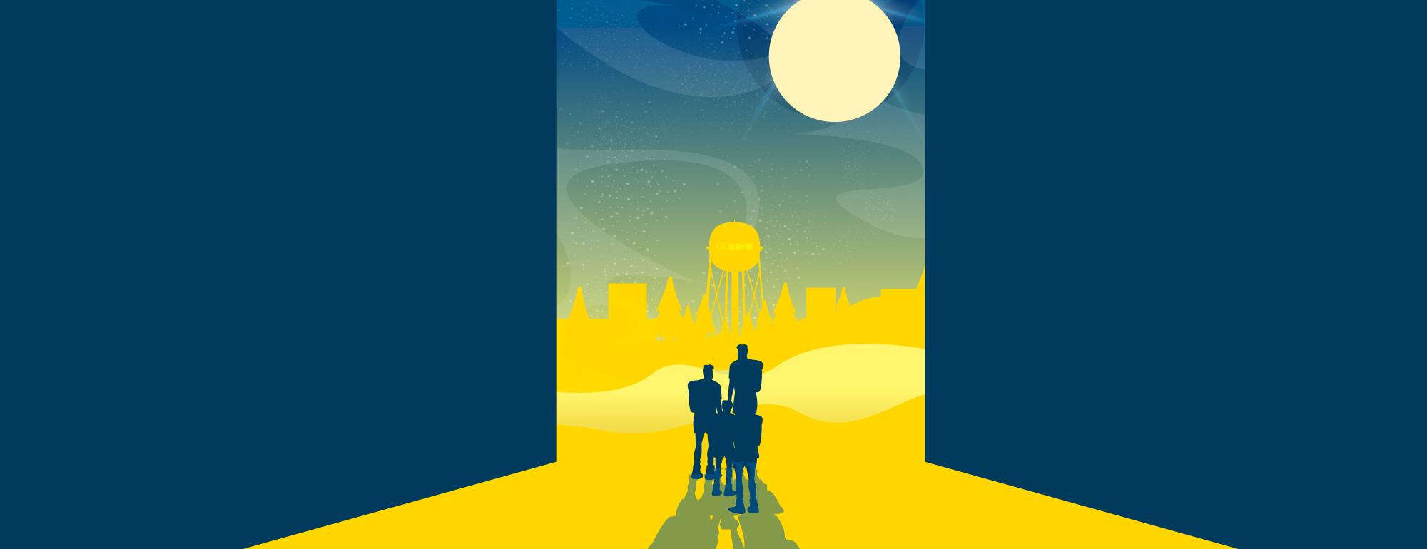 Graphic art design showing large dark blue door like images opening to a design of figures entering an area of light with a skyscape and skyline including the UC Davis water tower. 