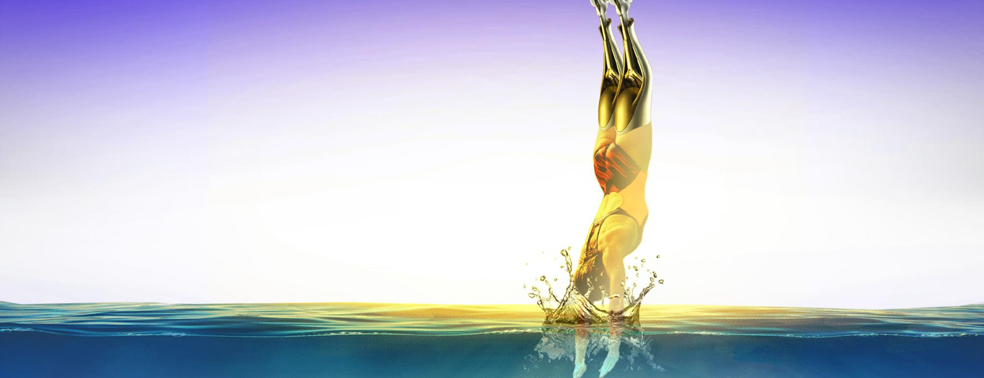 Graphic design of a diver with prosthetic legs diving into an ocean that is shown in a cutaway view.  the background is purplish and bluish with yellow white sunlight behind the driver. 