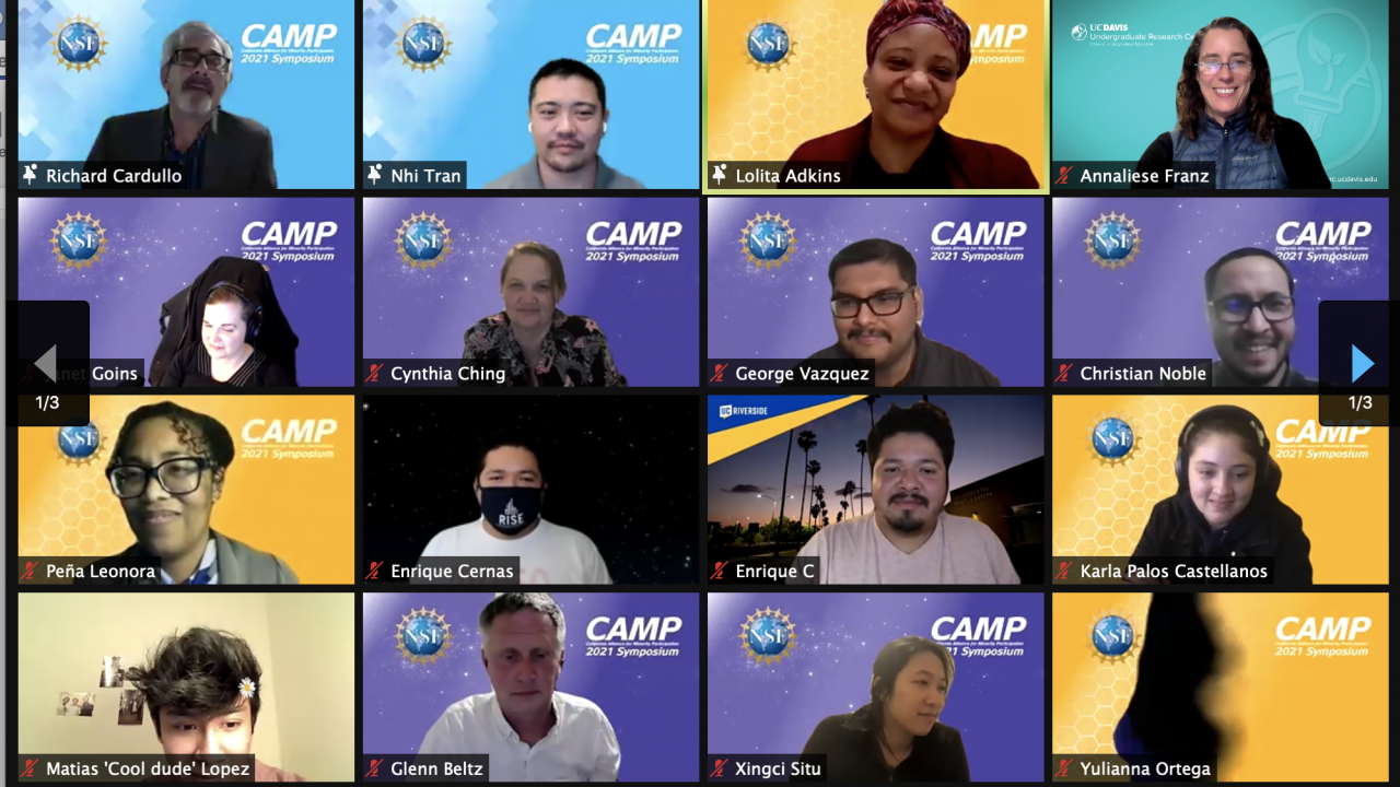 Screen shot of Virtual NSF CAMP Symposium showing display of participants with NSF CAMP campus Zoom backgrounds