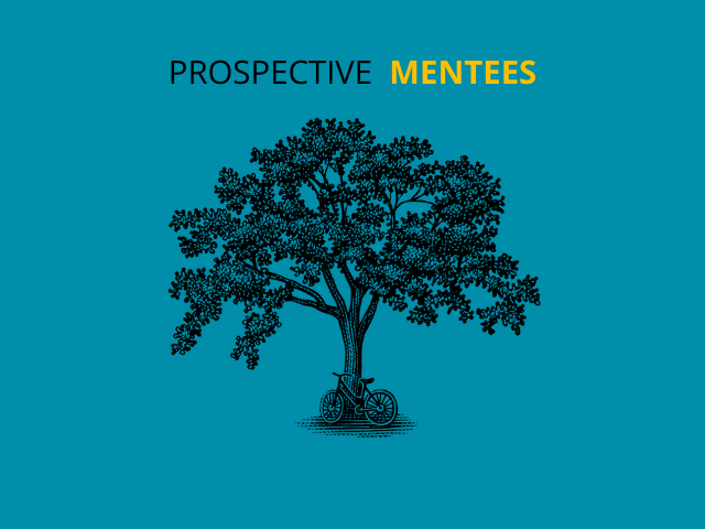 A design element of a large oak tree with a bicycle leaning on trunk on an aqua background and a title "Prospective Mentees