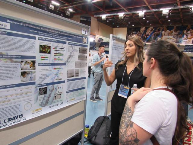 Poster presenter explaining research project to attendee during Undergraduate Research Conference