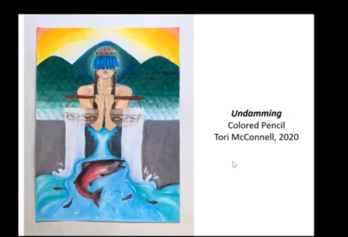 Zoom screenshot of Artwork by Tori McConnell entitled " Undamming" in colored pencil depicting a figure releasing a damned water for salmon with green hills and sun in the background.
