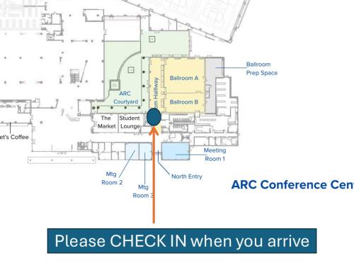 A floor map of the UC Davis Floor Ball rooms showing an arrow from the North East entrance into the hallway to the ballrooms and the words "Please Check In when you arrive" 