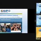Screen shot of virtual NSF CAMP Symposium with three hosts and a kudo board on screen