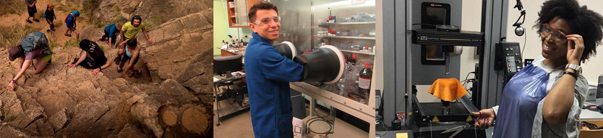 Photo collage of students climbing rocks, and students in research labs