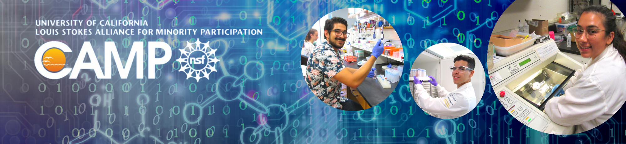 NSF LSAMP/CAMP logo and wordmark with three round shaped photos of student researchers in lab on a backround of blues and floating science notations