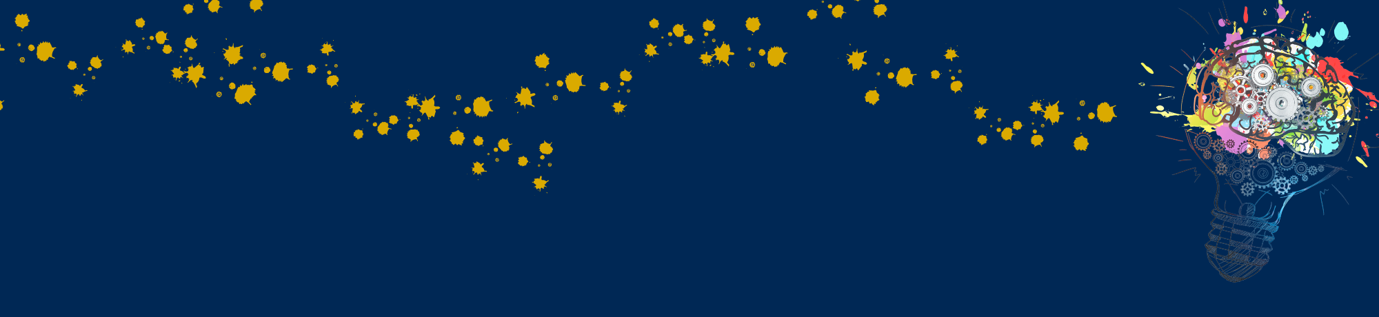 A web banner with a graphic art drawing of a light bulb with a multicolor brain and sparks and splashes of color on a dark blue background with a trail of sparks in gold